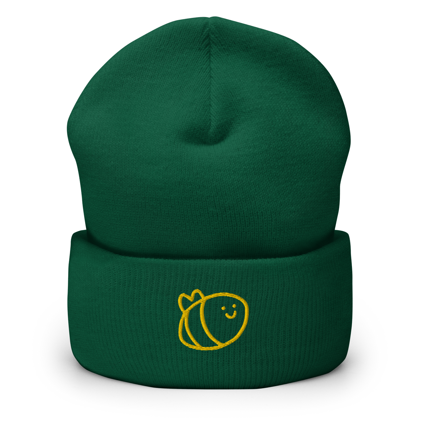A spruce green cuffed beanie with a cheerful cartoon bee embroidered on the cuff in gold thread
